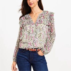 LOFT sheer floral ruffle blouse